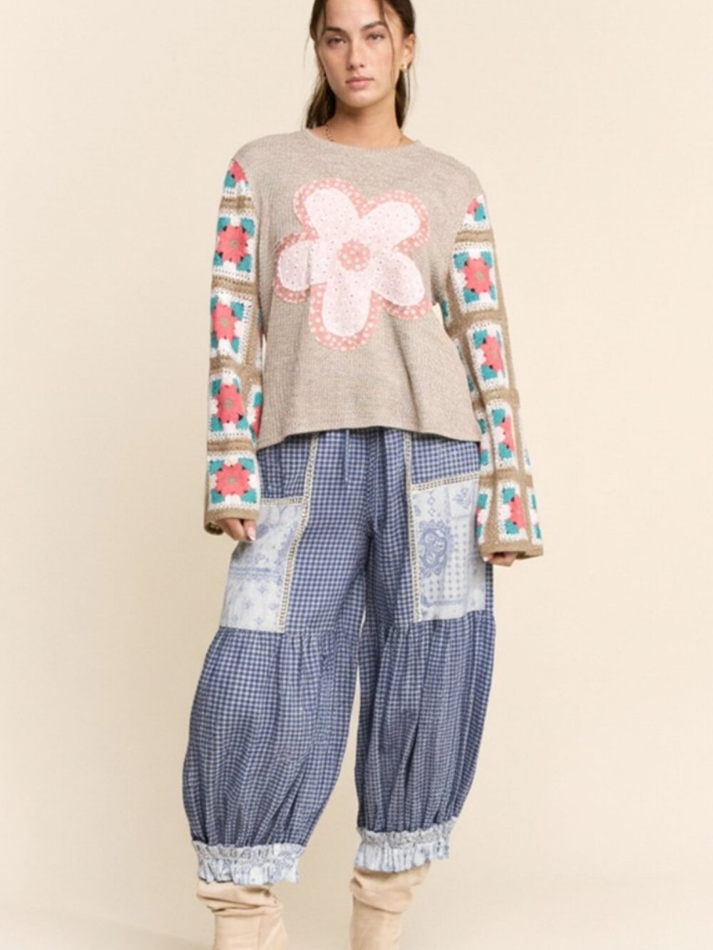 Davi & Dani Contrast Patchwork Bloomer Pants in Blue - Picture 5 of 5